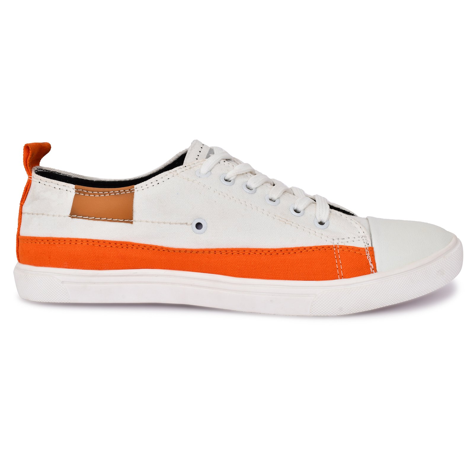 A two-tone low-top canvas shoe with a white upper and vibrant orange accents, complemented by a brown leather tab and white laces. Designed for casual wear and travel-friendly use.