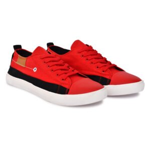 A pair of vibrant red and black casual sneakers with a low-cut design, red laces, a bold red toe cap, and contrasting black accents. The sneakers have a sleek white sole, perfect for casual wear.