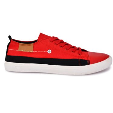 High-quality red and black men's canvas sneakers with durable stitching and non-slip rubber soles.
