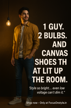 1 Guy 2 Bulbs — a stylish man wearing casual canvas shoes stands under two glowing bulbs, showcasing modern fashion and effortless attitude.