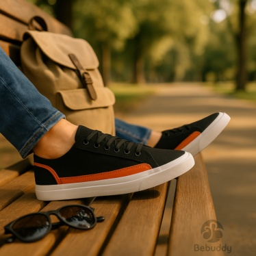 Black low-top canvas shoes for men styled with denim jeans, featuring BeBuddy branding.