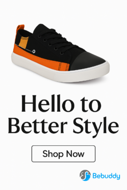 Stylish black and orange low-top canvas sneaker with a call-to-action to shop BeBuddy footwear.