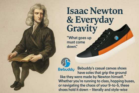 Illustration of Isaac Newton with a quote about gravity, next to a black and orange Bebuddy canvas shoe and brand logo.