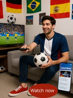 A young man wearing canvas shoes, watching the World Cup and reading the latest news updates.
